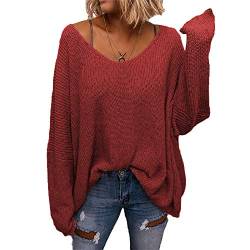 Tongmingyun Pullover Damen V-Ausschnitt Lose Sweatshirt Pullover für Damen Bluse Oberteile Jumper Bluse Langarmshirts Hemd Oversize Tops Rot S von Tongmingyun