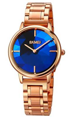 Uhren Damen Analog Quarz Armbanduhr mit Diamantschliff Spiegel Damen Kleid Wasserdicht Armbanduhr Elegante Uhr mit Roségold Edelstahl Armband, blau, Armband von Tonnier