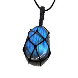 Damen Jewelry Necklaces Natürlicher Labradorit-Kristallhalskette, heilender Chakra-Anhänger mit handgewebtem Seil, Labradorit-Palmenstein-Heilstein-Anhänger Diabetiker Anhänger (blue, One Size) von Tonsee Accessoire