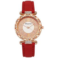 Tonsee Accessoire Armbanduhr Herren Wasserdicht Sport Frauen-Uhr-Damen voller Diamanten Lederband-Quarz-Armbanduhr weibliche Moderne und einfache Uhr Damenuhr (Red, One Size) von Tonsee Accessoire