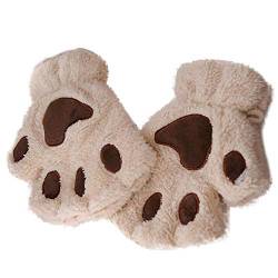 Tonsee 1 Paar Handschuhe Fingerlos Damen Mädchen Plüsch Halb Handschuhe Dicken Warmen Fingerhandschue Niedlich Cartoon Tier Bär Katze Krallen Fäustlinge Winterhandschuhe (Beige) von Tonsee Bekleidung