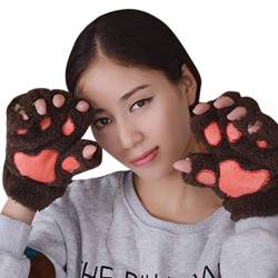 Tonsee 1 Paar Handschuhe Fingerlos Damen Mädchen Plüsch Halb Handschuhe Dicken Warmen Fingerhandschue Niedlich Cartoon Tier Bär Katze Krallen Fäustlinge Winterhandschuhe (Braun) von Tonsee Bekleidung