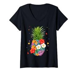 Damen Ananas Blumen Aloha Hawaii – Vintage Hawaii-Hemd Tee T-Shirt mit V-Ausschnitt von Top Hipster Ananas Hula Tiki Pineapple Ananas Love