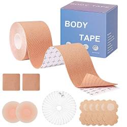 TopBine Klebe BH Boob Tape Bruststraffungsband - Brust Push up Tape mit EIN Paar Unsichtbar Silikon Nippel Cover für A-G Cup Damen - 5cm x 5m von TopBine