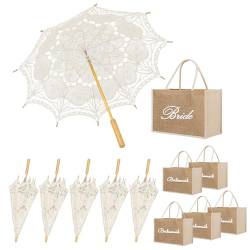 TOPTIE Set mit 6 Spitzen-Sonnenschirmen und 6 Jute-Tragetaschen, Brautschirm, Hochzeit, Brautjungfern, Geschenktüte von TopTie