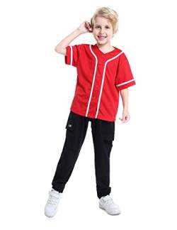 TopTie Jungen Baseball Trikot, Kinder Button-Down-Jersey T-Shirt Softball, rot / weiß, 10 Jahre von TopTie