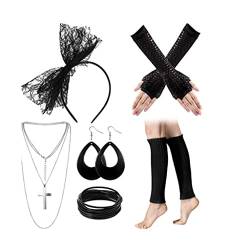Topcosplay 80er Jahre Outfit Damen 5er set Kostüm Accessoires Netzhandschuhe Halskette Ohrring Armband Stirnband für Motoparty Retro Party (6er Set-schwarze-2) von Topcosplay