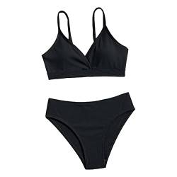 Bikini Mädchen Teenager mit Shorts Bikini Kinder Mädchen Zweiteiliger Badeanzüge Rüschen Bikinioberteil mit Triangel Bedruckte Bikinihose Mädchen Tankini Bikini Mädchen (A-Black, 10-12 Years) von Topgrowth Accessorio