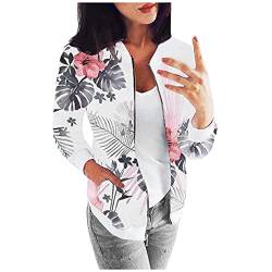 Topgrowth Accessorio Damen Bomberjacke Blumenmuster Langarm Jacket leichte Fliegerjacke Blouson Pilotenjacke Kurzjacke Damenjacke Outwear Kurz Coat Herbst Frühling College Jacke (A-White, L) von Topgrowth Accessorio