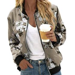 Topgrowth Accessorio Damen Bomberjacke Blumenmuster Langarm Jacket leichte Fliegerjacke Blouson Pilotenjacke Kurzjacke Damenjacke Outwear Kurz Coat Herbst Frühling College Jacke (F-Khaki, L) von Topgrowth Accessorio