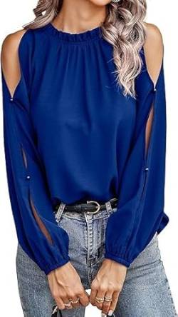 Toplop Bluse Damen Langarmshirt Schulterfrei: Elegant Oberteil Sexy Tops Herbst Frühling Lässig Tunika Damenbluse Blusenshirt mit Carmen Asymmetrischer Ausschnitt/Rüschen Rundhals A-Leuchtend Blau S von Toplop