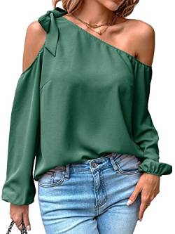 Toplop Bluse Damen Langarmshirt Schulterfrei: Festlich Elegant Oberteil Sexy Tops Herbst Frühling Lässig Kurzarm Tunika Damenbluse mit Carmen Asymmetrischer Ausschnitt/Rüschen Rundhals B-Grün L von Toplop