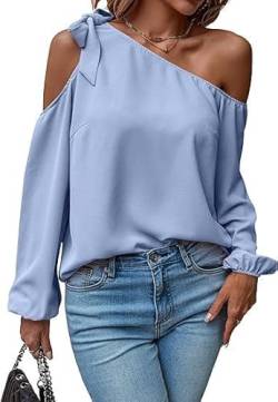 Toplop Bluse Damen Langarmshirt Schulterfrei: Festlich Elegant Oberteil Sexy Tops Herbst Frühling Lässig Kurzarm Tunika Damenbluse mit Carmen Asymmetrischer Ausschnitt/Rüschen Rundhals B-Hellblau S von Toplop