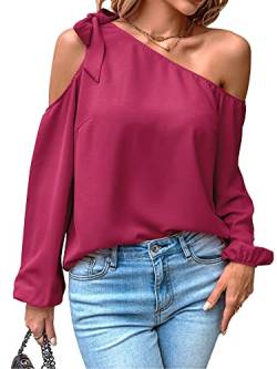 Toplop Bluse Damen Langarmshirt Schulterfrei: Festlich Elegant Oberteil Sexy Tops Herbst Frühling Lässig Kurzarm Tunika Damenbluse mit Carmen Asymmetrischer Ausschnitt/Rüschen Rundhals B-Weinrot L von Toplop