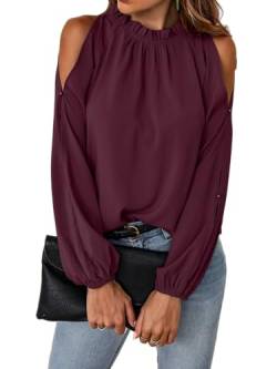 Toplop Bluse Damen Langarmshirt Schulterfrei: Festlich Elegant Oberteil Sexy Tops Herbst Frühling Lässig Kurzarm Tunika Damenbluse mit Carmen Asymmetrischer Ausschnitt/Rüschen Rundhals Weinrot XL von Toplop