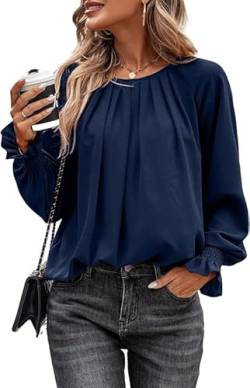 Toplop Bluse Damen Rüschen Laternenärmel: Elegant Langarmshirt Herbst Frühling Sommer Oberteile Lässig Rundhals Plissee Knopf Tops Mode V-Ausschnitt Brusttaschen Leopard Tunika A-Dunkelblau L von Toplop