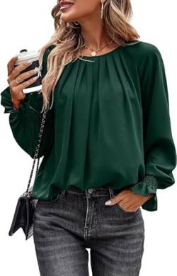 Toplop Bluse Damen Rüschen Laternenärmel: Elegant Langarmshirt Herbst Frühling Sommer Oberteile Lässig Rundhals Plissee Knopf Tops Mode V-Ausschnitt Brusttaschen Leopard Tunika A-Grün L von Toplop