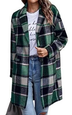 Toplop Hemdjacke Damen Kariert Jacke Lang Übergangsjacke Schick Flanellhemd Lapel Coat Shacket Shirt-Jacket Karomuster Hemdjacke mit Knöpfen und Taschen 131 Grün Medium von Toplop