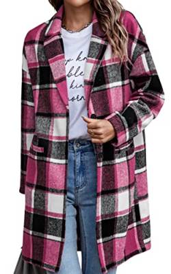 Toplop Hemdjacke Damen Kariert Jacke Lang Übergangsjacke Schick Flanellhemd Lapel Coat Shacket Shirt-Jacket Karomuster Hemdjacke mit Knöpfen und Taschen 131 Rosarot Small von Toplop