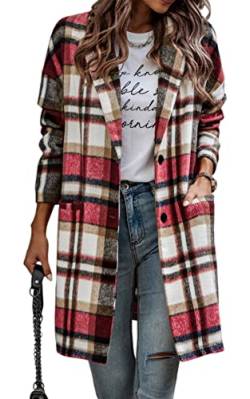 Toplop Hemdjacke Damen Kariert Jacke Lang Übergangsjacke Schick Flanellhemd Lapel Coat Shacket Shirt-Jacket Karomuster Hemdjacke mit Knöpfen und Taschen 131 Rot Large von Toplop