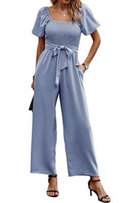 Toplop Jumpsuit Damen Elegant Sommer Hosenanzug mit Quadratischem Ausschnitt und Gürtel Kurzarm Puffärmel Breites Hosenbein 362 Hellblau Large von Toplop