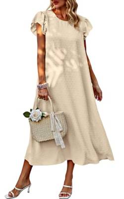 Toplop Kleider Damen Lang Rundhals Sommerkleid Boho Büro Strandkleid Gürtel Wickelkleid Rüschen Kurzarm Swing Maxikleid Business Outfit mit Knopf und Tasche 76Beige XL von Toplop