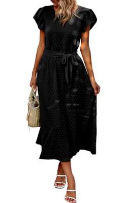 Toplop Kleider Damen Lang Rundhals Sommerkleid Boho Büro Strandkleid Gürtel Wickelkleid Rüschen Kurzarm Swing Maxikleid Business Outfit mit Knopf und Tasche 76Schwarz M von Toplop