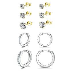 2 Paar Creolen 3 Paar ohrstecker Ohrringe für Damen, klein Ohrringe Set mit Zirkonia, 925 Silber Creolen Hypoallergen Klein Schlafen Kreolen Silber/Gold von Toplstud