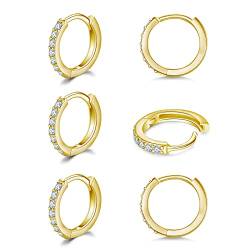 3 Paar Creolen Silber Ohrringe für Damen, klein Ohrringe Set mit Zirkonia, 925 Silber Vergoldet Kreolen Hypoallergen Klein Schlafen Kreolen Gold 12mm*3 von Toplstud