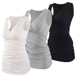 Topwhere Damen Baumwolle V Ausschnitt Tank Top für Umstandsmode und Stillen, Schwarz+Grau+Weiß, Klein von Topwhere