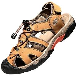 Topwolve Herren Sandalen Geschlossene Leder Strand Trekkingsandalen Wandernsandalen Outdoorschuhe Männer Sommer Sport-Outdoor Atmungsaktive Sandale,Gelb,46 EU von Topwolve