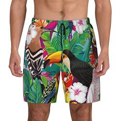 Tropische Vögel und Pflanzenblätter, Herren-Badehose, schnell trocknende Boardshorts mit Netzfutter, Strandshorts, Bademode, Badeanzüge, Tropische Vögel und Pflanzenblätter, Large von Torong