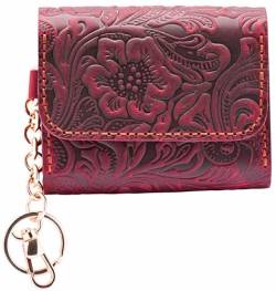 Toros Craft Handgefertigter Schlüsselanhänger für Damen, westliches Blumenmuster, Leder, kleines Kreditkartenetui mit Reißverschluss, minimalistisches und niedliches Münzfach, echtes Leder, Rot, von Toros Craft