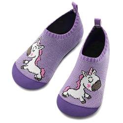 Torotto Kinder Hausschuhe Mädchen Junge Kleinkinder Schuhe Turnschläppchen Barfussschuhe für Lauflernschuhe Kindergarten Pantoffeln Unisex Atmungsaktive rutschfest Weich (Lila Einhorn 32/33EU) von Torotto