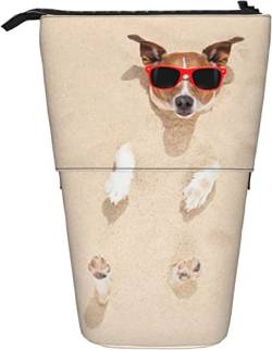 Torribala Teleskop-Federmäppchen, Hund, der im Sand liegt, niedliches Tier, das Sonnenbrille trägt, Sommer-Strand-Druckständer, Stifthalter mit Reißverschluss-Stiftbeutel von Torribala