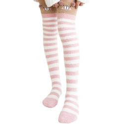 Toseky Flauschige, oberschenkelhohe Socken, oberschenkelhohe, flauschige Socken für Damen, Süße Tier-Korallen-Fleece-Oberschenkelhohe lange gestreifte Socken, Stiefelsocken für Damen für Party, Alltag von Toseky