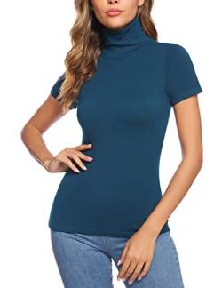 Totatuit Basic T-Shirt Damen Rollkragenshirt Kurzarm Stehkragen Top Elegant Rollishirt Slim Fit Oberteile Blau XXL von Totatuit