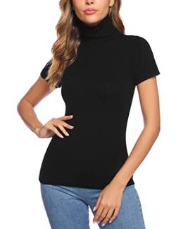 Totatuit Basic T-Shirt Damen Rollkragenshirt Kurzarm Stehkragen Top Elegant Rollishirt Slim Fit Oberteile Schwarz M von Totatuit