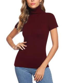 Totatuit Basic T-Shirt Damen Rollkragenshirt Kurzarm Stehkragen Top Elegant Rollishirt Slim Fit Oberteile Weinrot XXL von Totatuit