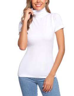 Totatuit Basic T-Shirt Damen Rollkragenshirt Kurzarm Stehkragen Top Elegant Rollishirt Slim Fit Oberteile Weiß L von Totatuit