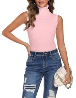 Totatuit Damen Ärmelloses Hohes Rollkragen Tank Top Basic Solid Shirt mit Elastischem Stehkragen Weich Stretch Rollkragenpullover Frühling Sommer Winter rosa S von Totatuit