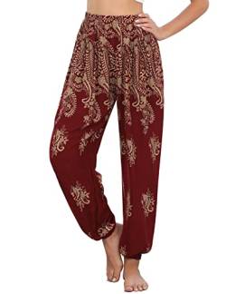 Totatuit Damen Hippie Hose Sommerhose Pumphose Haremshose Boho Freizeithose Gemustert Gesmockte Taille mit Taschen Yogahose PAT9 M von Totatuit