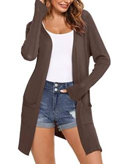 Totatuit Damen Leichte Offene Strickjacke Casual Langarm Lose Dünne Cardigan Dehnbar mit Taschen Kaffee M von Totatuit