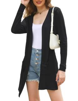 Totatuit Damen Leichte Offene Strickjacke Casual Langarm Lose Dünne Cardigan Dehnbar mit Taschen Schwarz XXL von Totatuit