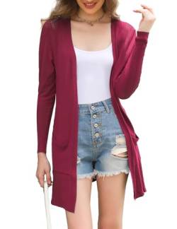 Totatuit Damen Leichte Offene Strickjacke Casual Langarm Lose Dünne Cardigan Dehnbar mit Taschen Weinrot S von Totatuit