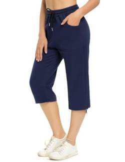 Totatuit Damen Sommer Caprihose Jogginghose 3/4 Baumwolle Sommerhose Yoga Fitness Activewear mit Tasche für Sport und Freizeit Navy blau M von Totatuit