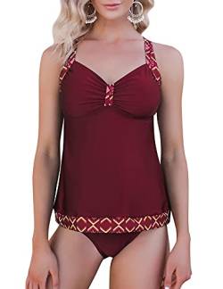 Totatuit Damen Tankini Zweiteiler Badeanzug Push Up Bauchweg Bikini Set mit Hot Pants Drucken Sommer Strandkleid Bademoden Weinrot L von Totatuit