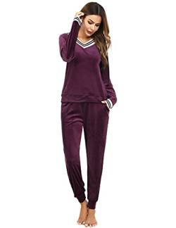 Totatuit Damen Velours Pyjama Set Nicki Hausanzug Winter Schlafanzug V-Ausschnitt Freizeitanzug Zweiteilig mit Tasche von Totatuit