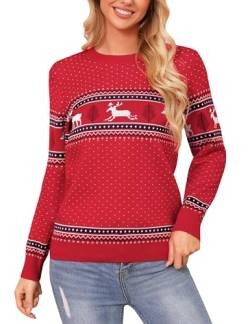 Totatuit Damen Weihnachtspullover Ugly Langarm Strickpulli mit Rentiermuster Rundhals Pullover Weihnachtsbaum Winterpulli Christmas Sweater Rot-Damen L von Totatuit