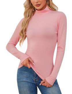 Totatuit Langarmshirt Tunika Damen Basic T-Shirt Top Slim Fit Oberteile Casual Rollkragenpulli Tee Shirt Rosa 418 L von Totatuit